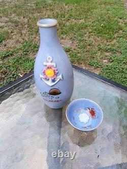 Vintage Japanese Army WW2 Imperial Military Sake Bottle and Cup Commemorative