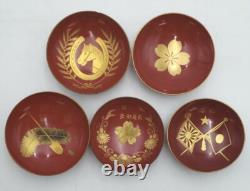 WWII Imperial Japanese Army Lacquer Sake Cups Set x5 / Victory, Cavalry, Police