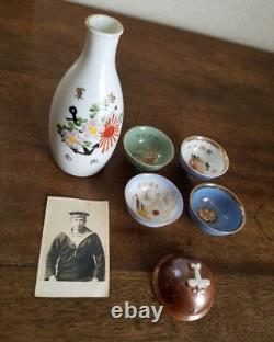 WWII Imperial Japanese Navy Sake Cup Set Anchor Rising Sun with Sailor Photo