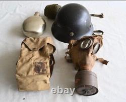 World War II Imperial Japanese Civilian Gas Mask, Helmet, Flask Bundle