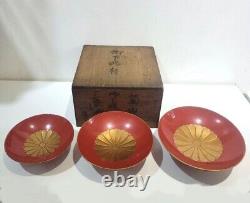 World War II Imperial Japanese Royal Chrysanthemum Wood Cups Set of 3