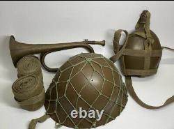 World war 2 original imperial japanese helmet & bugle & water bottle & puttees